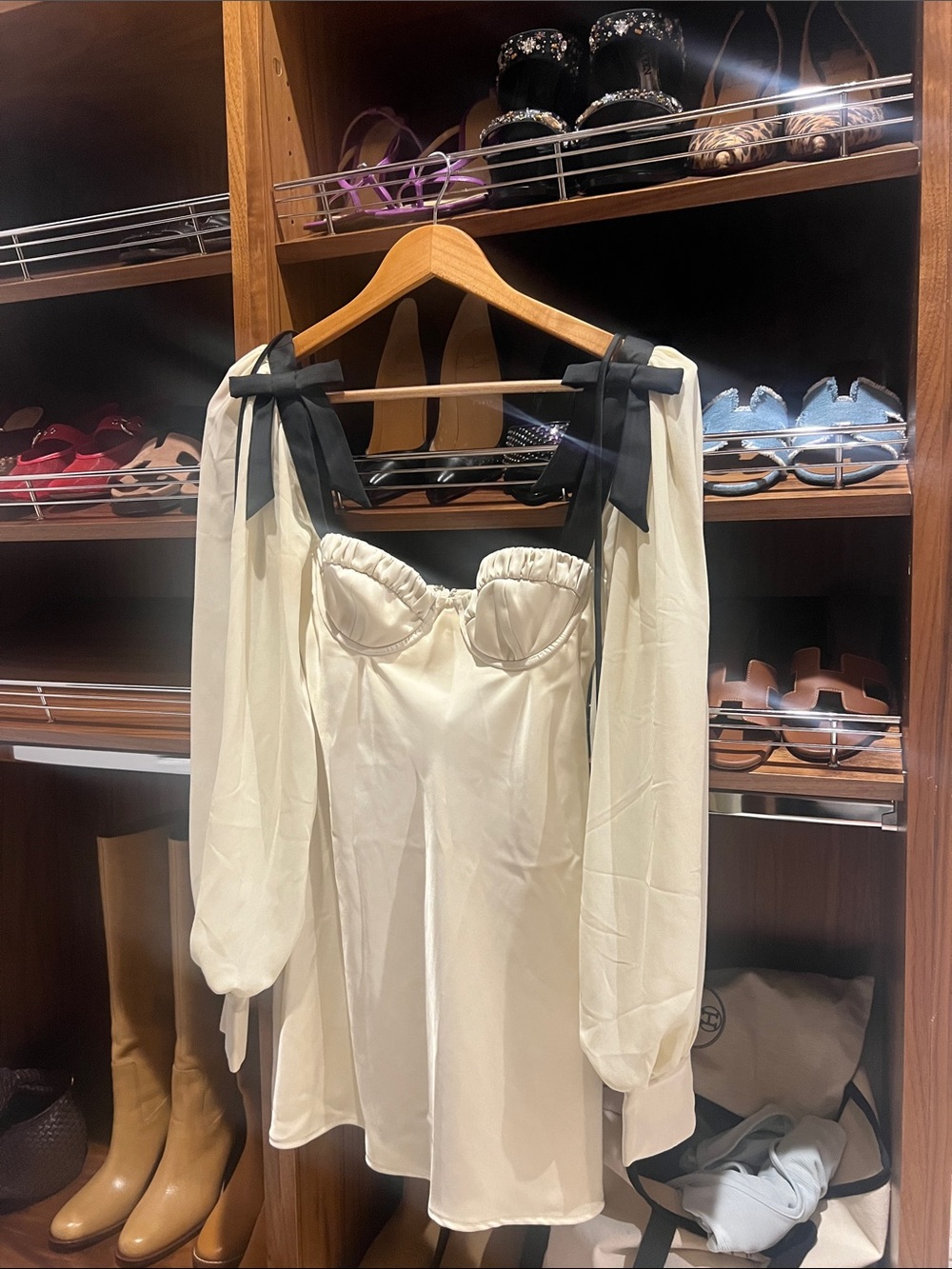 MAJORELLE Ivory Satin Mini Dress with Black Shoulder Ties